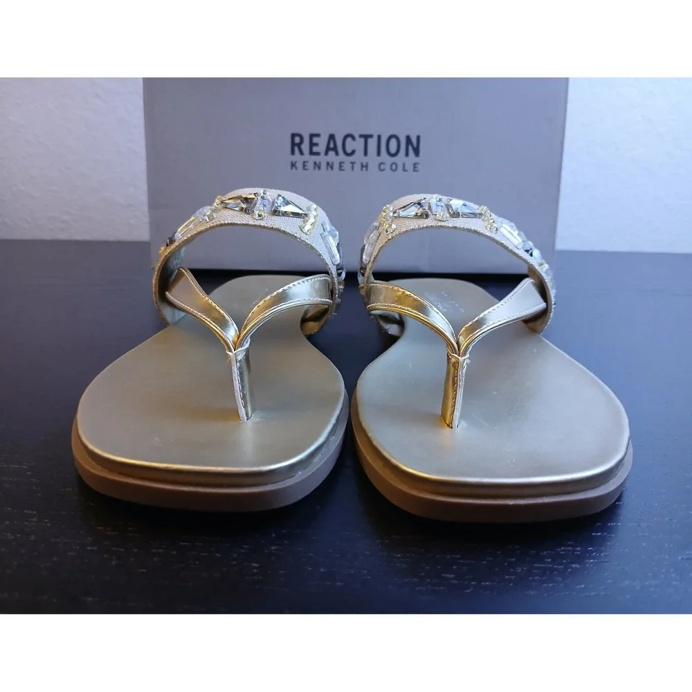 Kenneth Cole Reaction Winni Soft Gold Crystal Thong Flat Sandals Womens Size 7